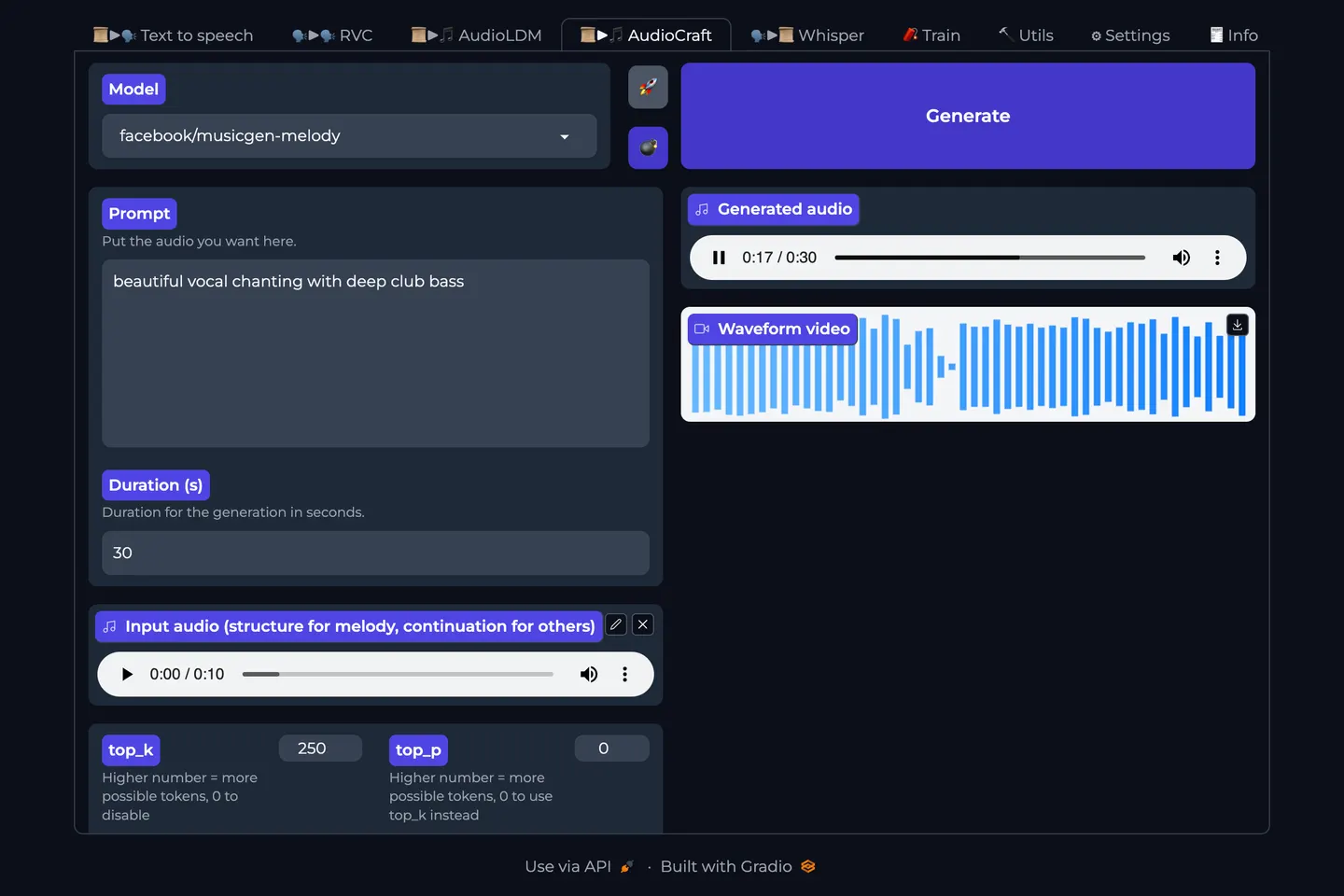 Use text prompts to generate music.