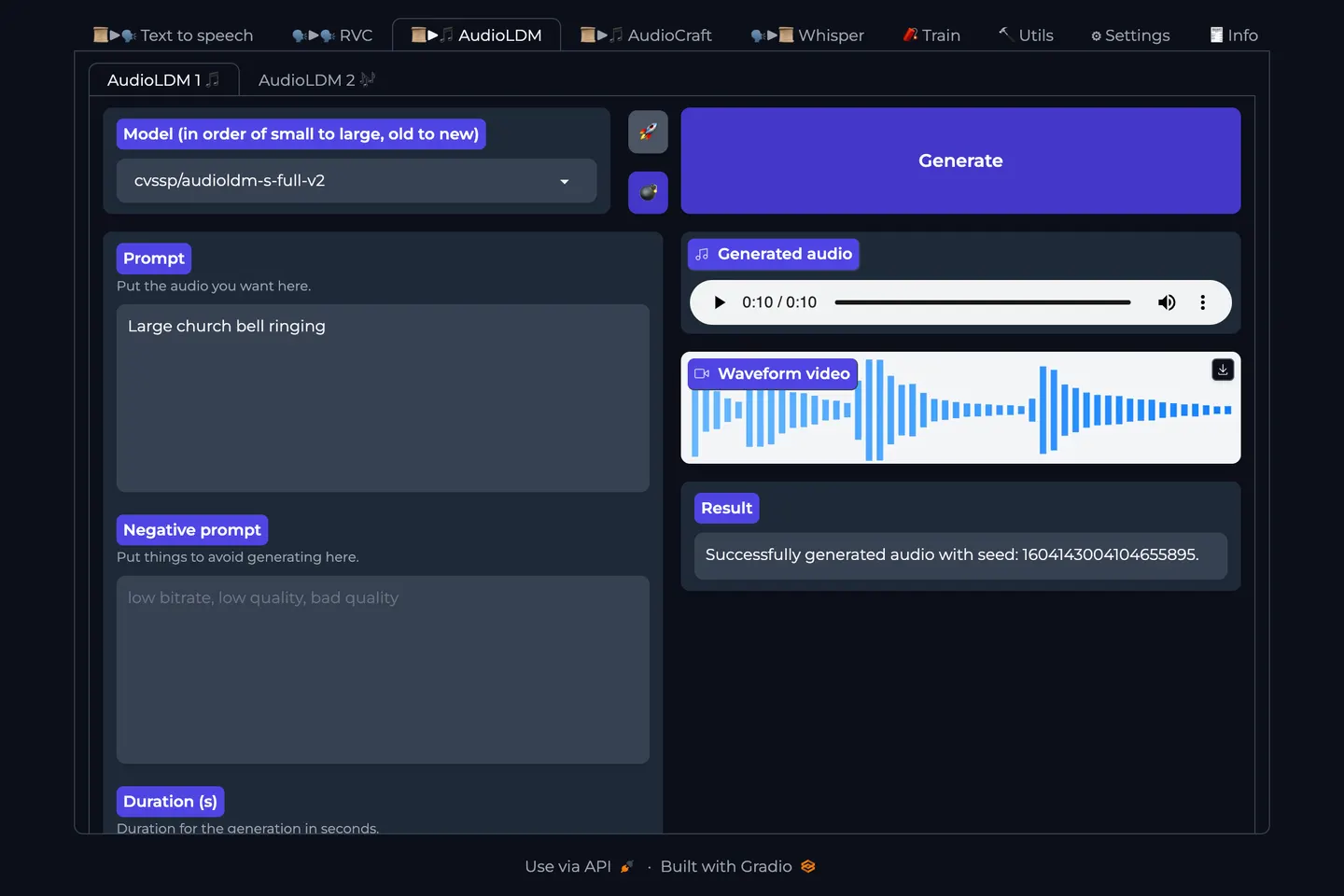 Generate audio and sound effects from a text prompt.